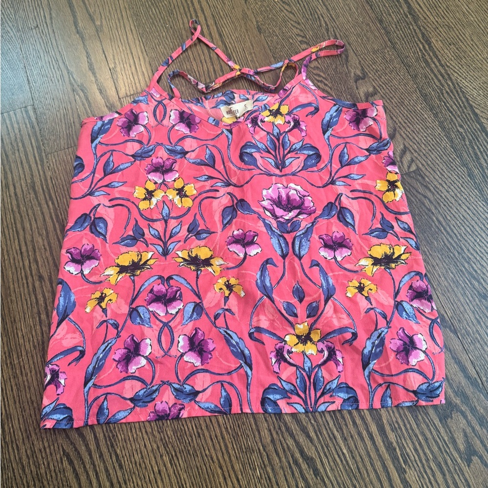 Hollister Pink and Yellow Sleeveless Crop Tank Top